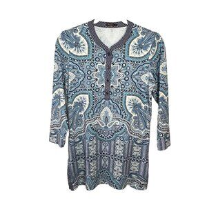J McLaughlin Womens Tunic Top Sz S Paisley 3/4 Sleeve Boho Coastal Stretchy